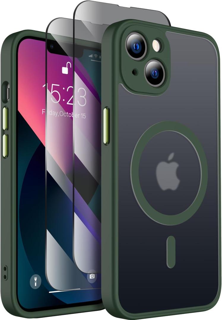 SEXYMOM Magnetic for iPhone 13 Case with Privacy Screen Protectors X2 - Upgraded Camera Protection - Compatible with Magsafe, 21ft Drop Tested, Slim Fit Translucent Matte Phone Case - Dark Green