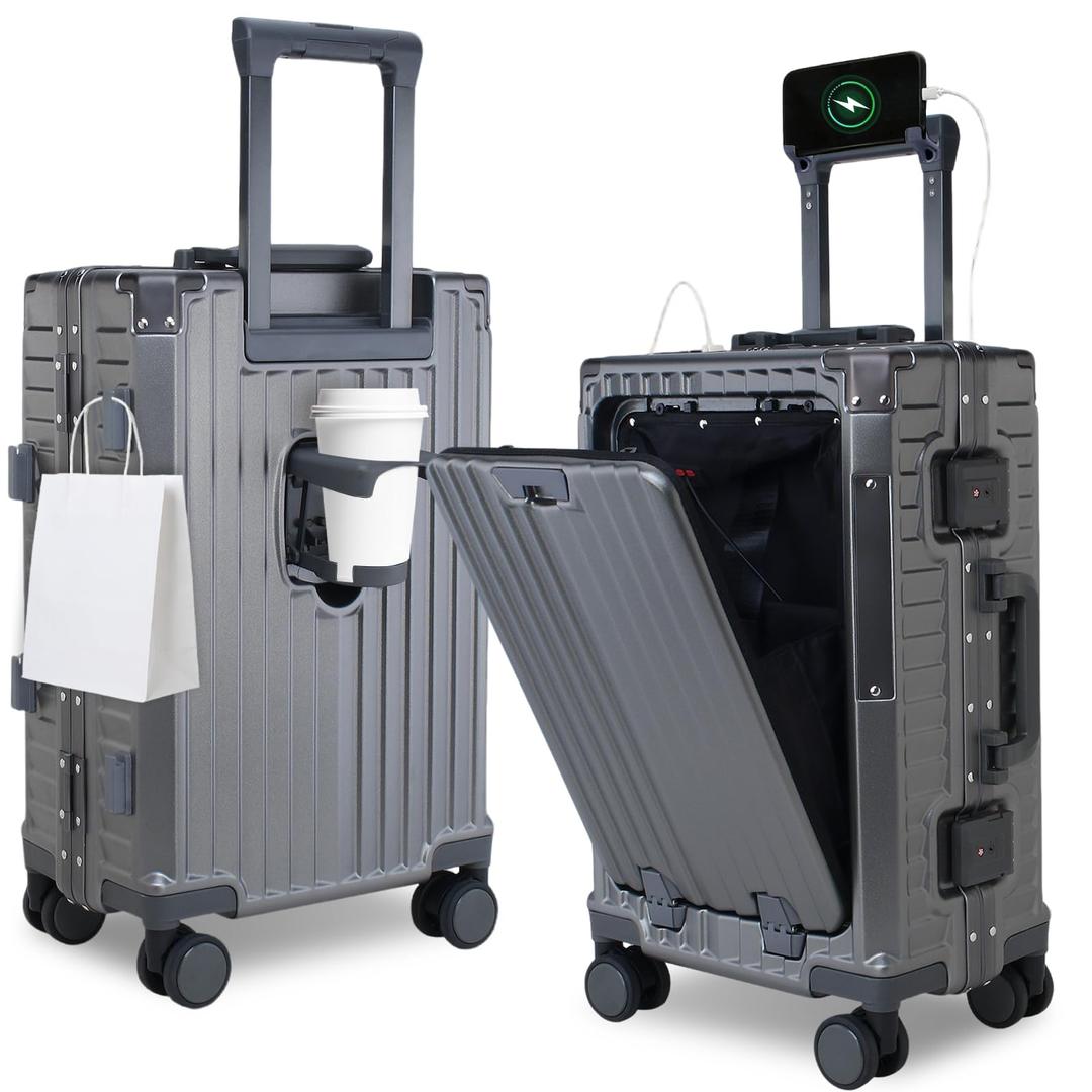 Gets 20 Inch Aluminum Frame Carry On Luggage with Front Pocket,Airline Approved Zipperless Hard Shell Suitcase,360 Spinner Wheels, TSA Locks, USB Charging Port, Cup & Phone Holder-Grey