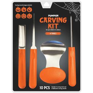 Pumpkin Carving Kit, 10-Piece Halloween Jack-O’-Lantern Decorating Set with 4 Stainless Steel Tools & 6 Stencil Patterns