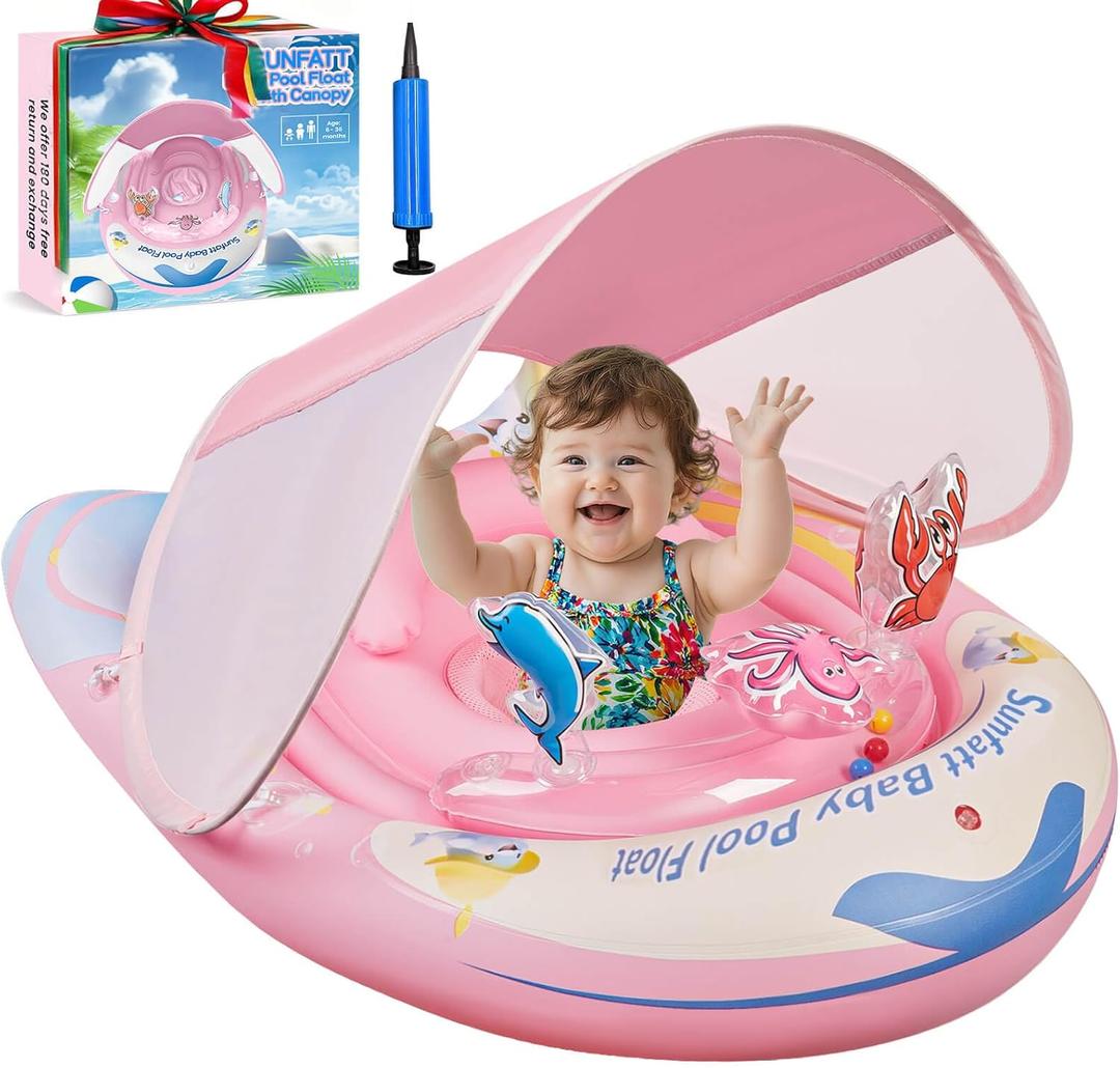 Baby Float with Canopy,Baby Floaties 6-12 Months with UPF 50+ Sun Protection & Toy Play Console,Tdooler Float Features an Adjustable Safety Seat for Girls,Toddler,Infant Aged 6-36 Months.