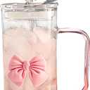 Coquette Bow Aesthetic Cup - Pink Bow Glass Cup, Cute Glass Cups with Lids and Straws, 16 oz Bow Tumbler Iced Coffee Tumbler Cups for Girls Bestfriend (Clear)