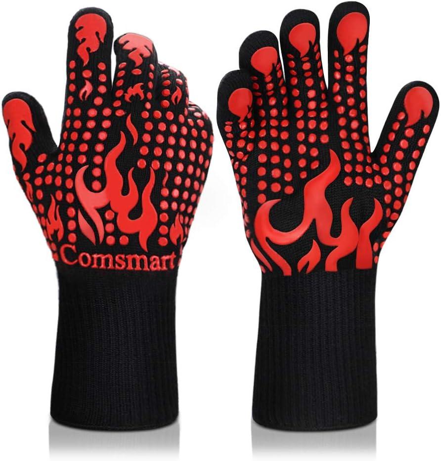 Comsmart BBQ Gloves, 1472 Degree F Heat Resistant Grilling Gloves Silicone Non-Slip Oven Gloves Long Kitchen Gloves for Barbecue, Cooking, Baking, Cutting (short, Red)