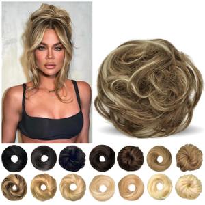 Messy Bun Hair Piece Human Hair for Women, Human Hair Bun, Messy Bun Hair Scrunchie, Hair Buns Hair Piece, 100% Real Hair Bun Updo Hairpieces (Chocolate Brown Mixed Blonde) (4 Inch)