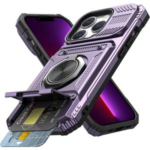Vofolen for iPhone 13 Pro Max Case Wallet with Card Holder [Store 2 Cards] + 360 Magnetic Ring Stand Dual Layer Heavy Duty Shockproof Wallet Phone Case for iPhone 13 Pro Max for Women Men, Purple