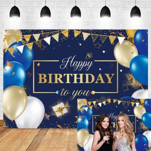 Men Happy Birthday Backdrop Navy Blue Gold Birthday Gift Star Flag Balloon Background Boy Men Women Birthday Party Photo Booth Studio Decoration Props 7x5FT(Width 210cm x Height 150cm)