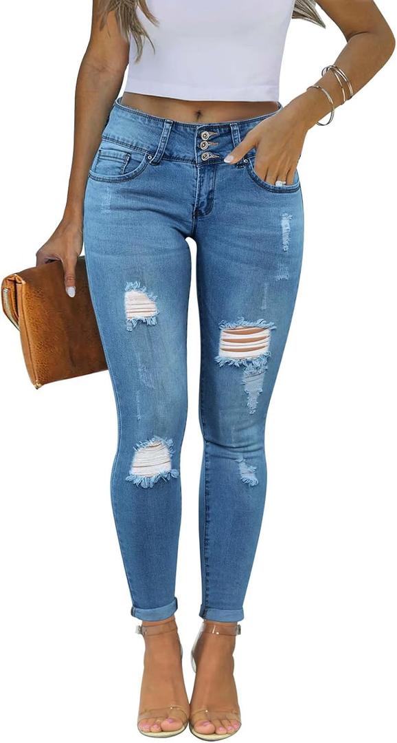KUNMI Women's Skinny Ripped Trendy Jeans Distressed Stretchy Denim Pants (16, J004-blue)