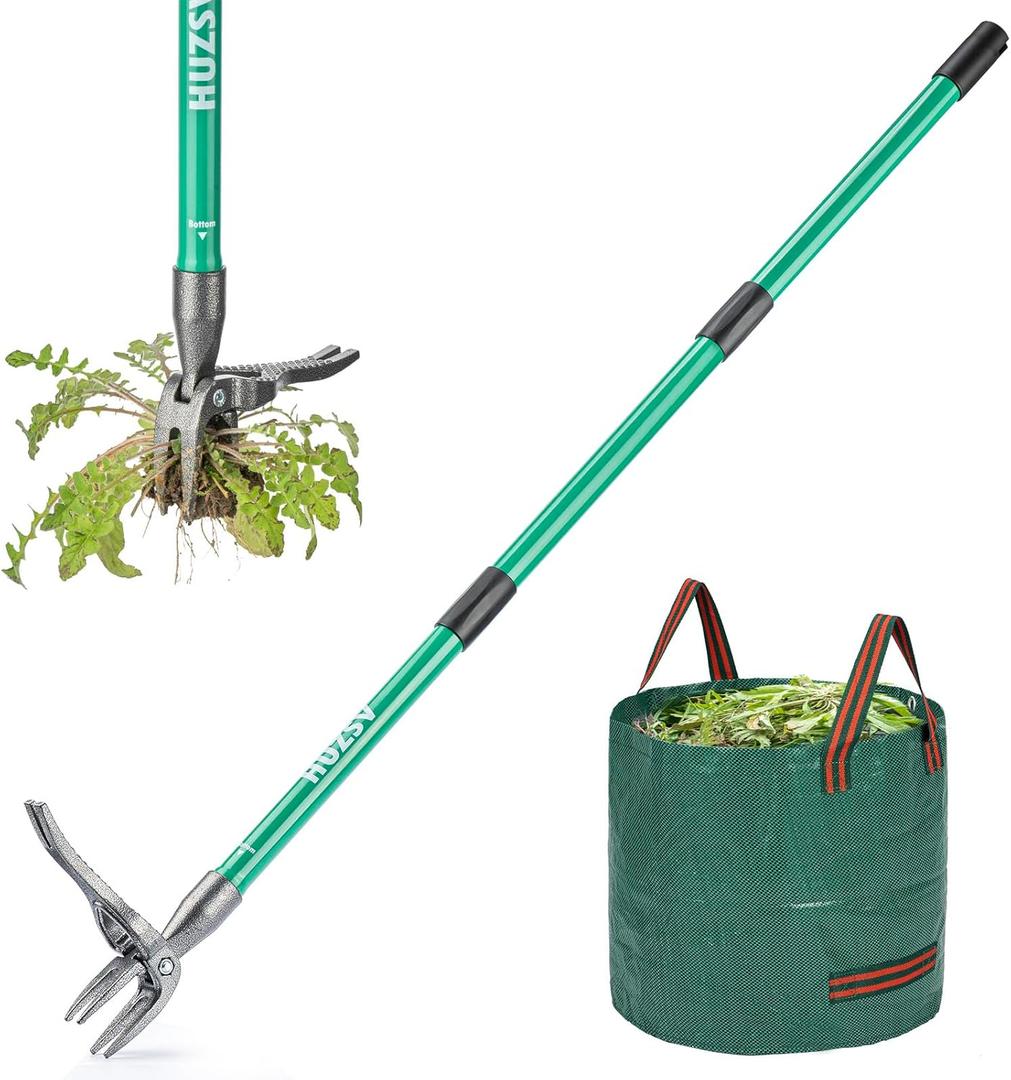 HUZSV Weed Puller Tool Gardening Hand Weeding Tool with Long Handle 4 Steel Claws and Collapsible Trash Can for Lawn and Garden,Easily Remove Weeds Without Bending, Pulling,or Kneeling