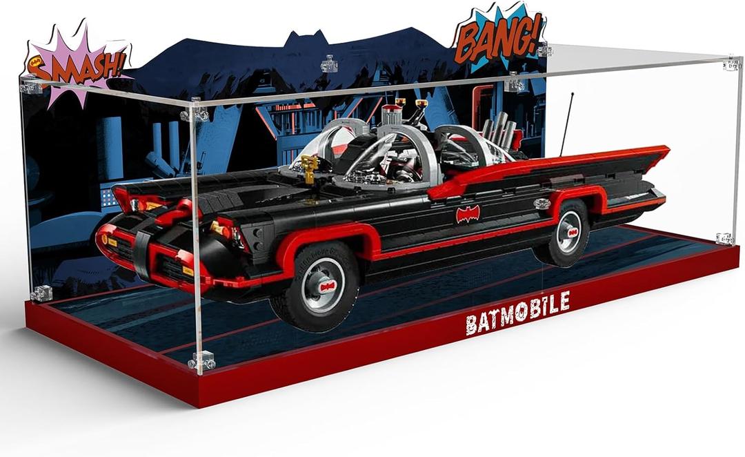 Acrylic Display Case for Lego DC Batman: The Classic TV Series Batmobile, Dustproof Display Box Compatible with Lego 76328 (ONLY Box, NOT Model) Clear Acrylic Plate with Base & HD Painted