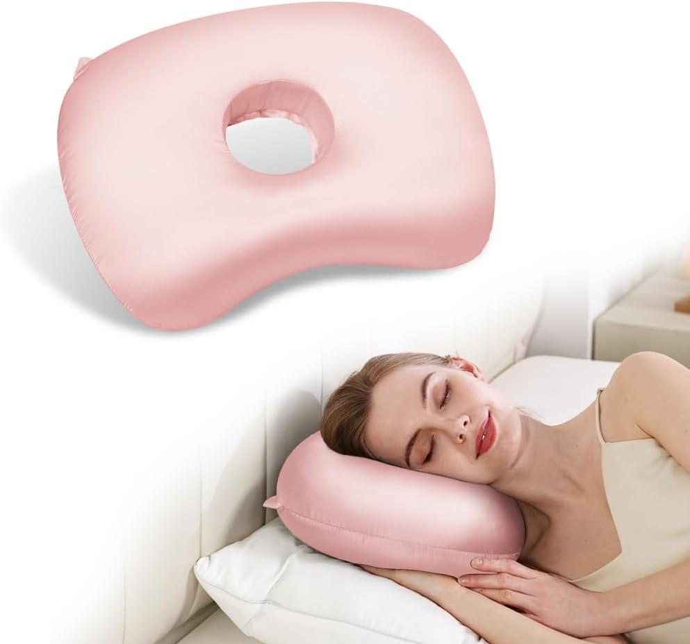 Ear Piercing Pillow for Side Sleepers, Pillow with an Ear Hole for CNH and Ear Pain Ear Inflammation Pressure Sores (Light Pink Silk, 17.3"x12.6"x2")