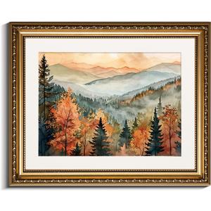 InSimSea Vintage Gold Framed Wall Art, Fall Pictures Bathroom Wall Decor, Kitchen Office Bedroom Rustic Fall Wall Art, Autumn Forest Landscape Home Decor, 13"x16"
