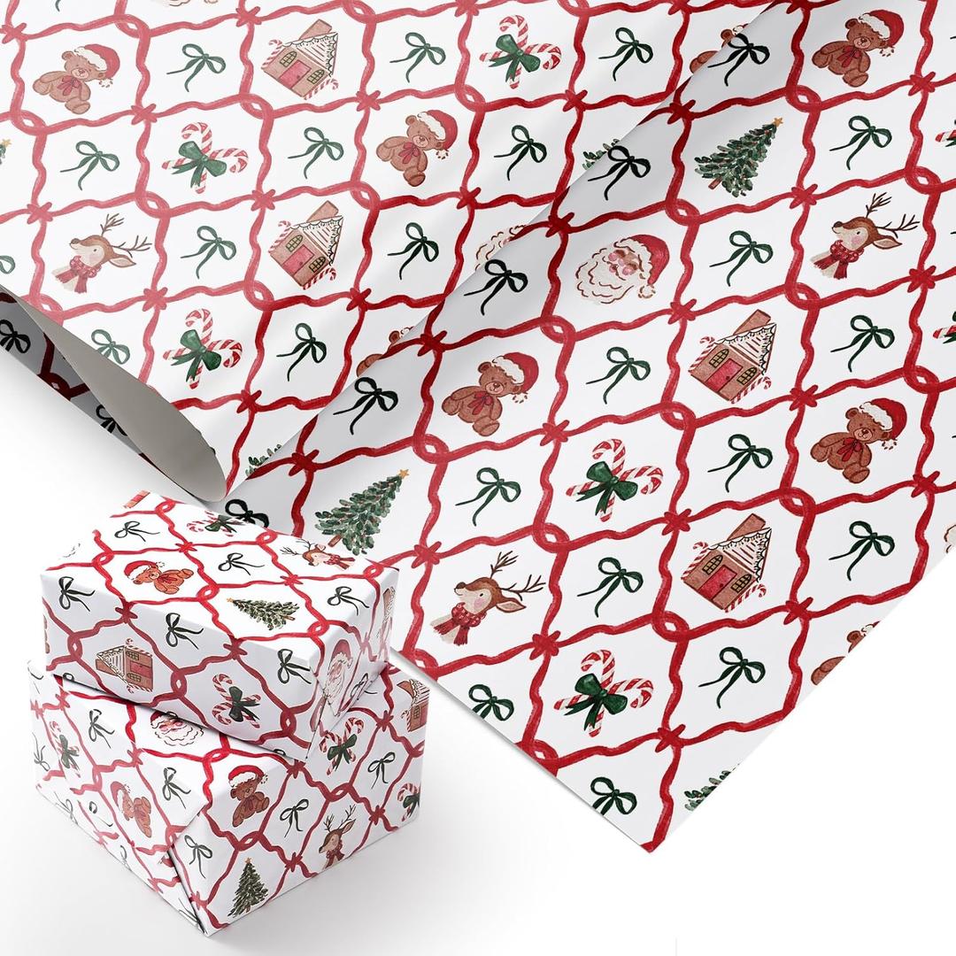 3 x PlandRichW Teddy Bears Christmas Wrapping Paper 4028 Inch Jumbo Sheets, Non-Tear Bulk Gift Wrap - Santa Trellis with Reindeer, Gingerbread, Candy Canes - 4 Pre-Cut Sheets for Kids & Adults