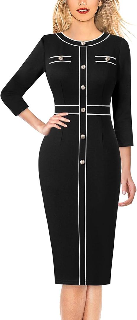 VFSHOW Womens Buttons Patchwork Work Business Office Party Bodycon Pencil Sheath Dress (X-Large, Black)