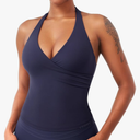 Womens Halter Tank Tops Workout Impact Longline Strappy Top Padded Deep V Neck Wrap Gym Backless Bra Camisole S