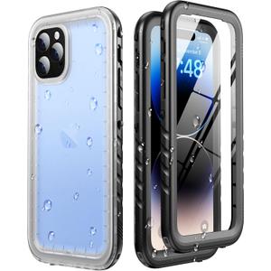 SOKUSIN for iPhone 14 Pro Case Waterproof - Full Body Bumper Case with Built-in Screen & Camera Protector, Shockproof Drop Dust Proof Rugged Phone Cover with Wrist Strap, 6.1", Black/Frosted Clear