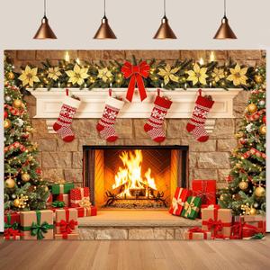 7x5Ft Christmas Backdrop for Photography Fireplace and Tree Merry Christmas Photo Backdrop for Party Retyshia Xmas Family Fireplace Decorations Banner Background Decor