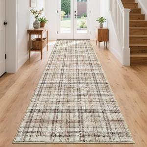 Tartan Plaid Washable Runner Rug 2.5x12 Non Slip Kitchen Rugs Modern Beige Indoor Entryway Rug Soft Bath Mat Stain Resistant Carpet for Bedroom Hallway Laundry 2'6''x12' Beige