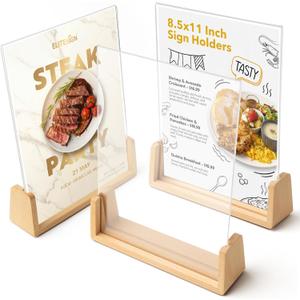 Acrylic Sign Holder 8.5 x 11 with Wood Base 3 Pack, Anti-Slip Silicone Bottom Menu Stand for Table, Clear Double Sided T-Shape & Slanted L-Shape Flyer Display for Office, Restaurant, Wedding