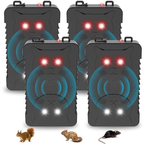 4Pack Ultrasonic Rodent Repellent for Car Engines,Under Hood Ultrasonic Mouse Repellent with 4 LED Strobe Lights,Plug-in&Battery Powered,Keep Rats,Mice,Squirrels Away from Vehicles,RVs,Garages,Attics
