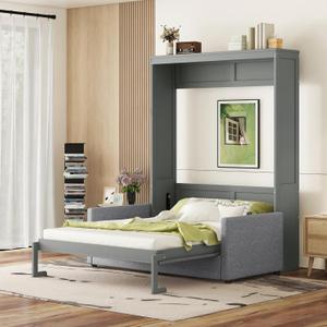 Ball & Cast Queen Size Murphy Bed, Murphy Bed Cabinet W/Sofa & Top Shelf, No Box Spring Needed, Hideaway Wall Bed for Bedroom, Home Office, Apartment, Gray