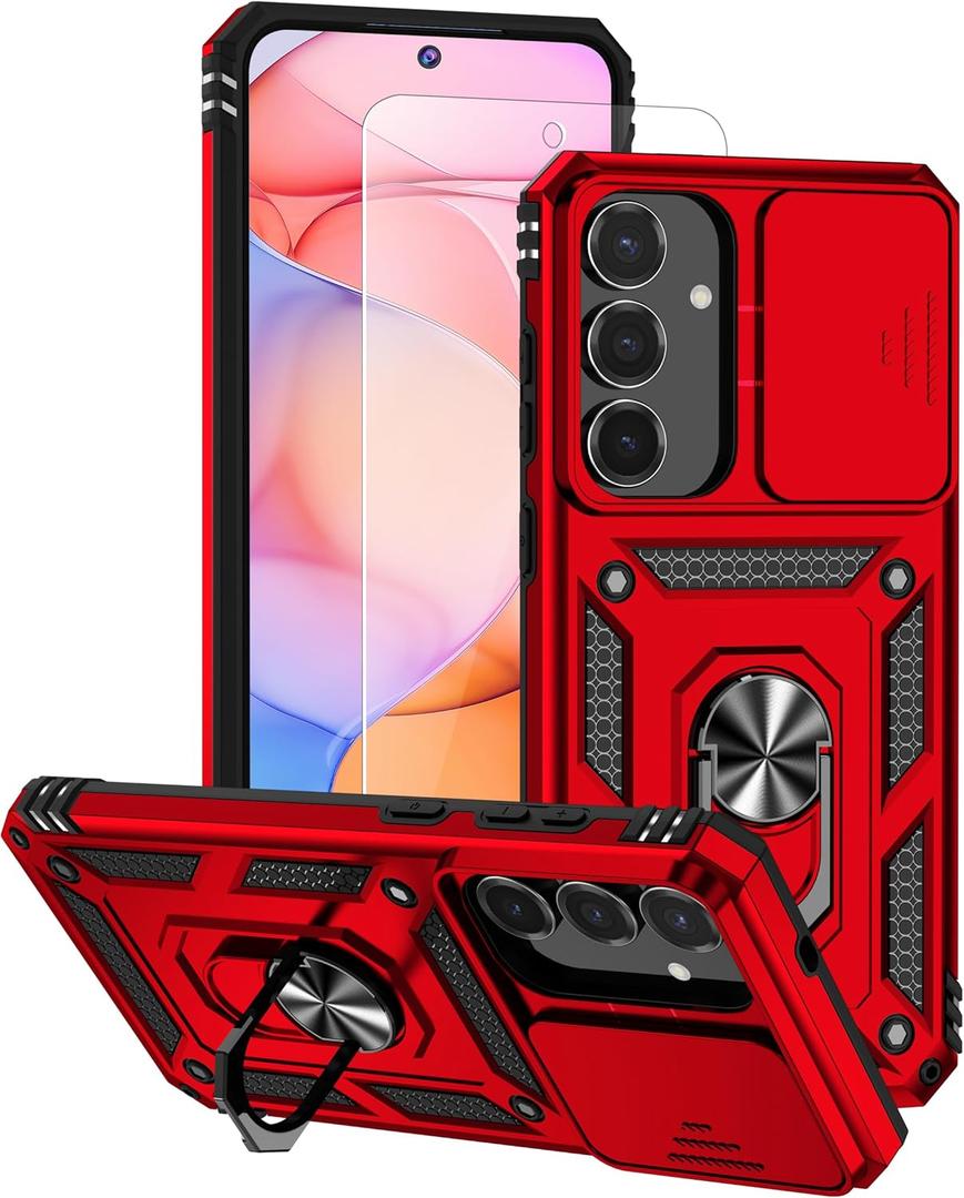 Case for Samsung Galaxy S25 FE Case with Tempered Glass Screen Protector, Built in Camera Lens Cover and Ring Holder Kickstand, Soft TPU Hard Back Phone Cover (Kickstand-Red)