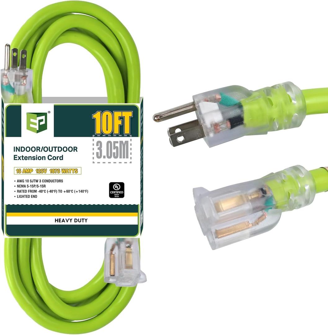 EP 10 Ft Lighted Outdoor Extension Cord - 10/3 SJTW Heavy Duty Green Extension Cable with 3 Prong Grounded Plug for Safety, UL Listed
