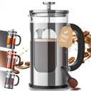 Veken French Press Coffee Maker 34oz 1 L, No Plastic Touching Cafe, Heat Resistant Thickened Borosilicate Glass, Stainless Steel Brewer, Cold Brew Cafeteria Teapot for Kitchen Travel Camping, Silver