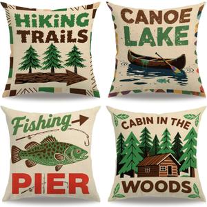 7COLORROOM Set of 4 Vintage Sea Pillow Covers Ocean Style Lake/Forest/Fish Cushion Cover Nautical Beach House Decorative Square Cotton Linen Pillowcases 18 x 18 Inches for Sofa Couch (Forest Sea)