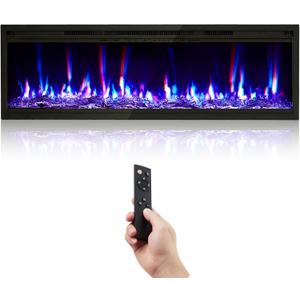 GarveeHome 50 in Electric Fireplace Wall Mounted/Recessed with Remote Control, 4.2 in Ultra-Thin Linear Fireplace Heater 750W/1500W with Timer, 12-Color Flames, Log & Crystal Options