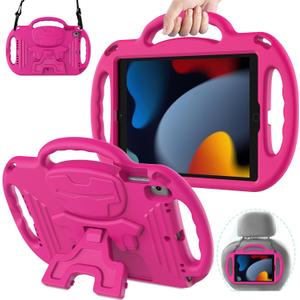 AVAWO Kids Case for iPad 9th Generation 10.2 inch 2021 with Lanyard, iPad 8th/ 7th Generation Case for Kids, Shockproof Handle Stand Shoulder Strap Bumper Cover for iPad 2021/ 2020/ 2019, Rose Pink