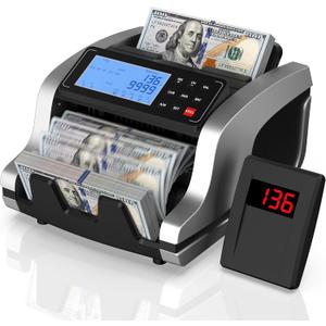 PONNOR Money Counter Machine with Value Count, UV/MG/IR/MT/DD Counterfeit Bill Detection, Dollar Euro Cash Counter with Count/Add/Batch/Auto Modes, External LCD Display