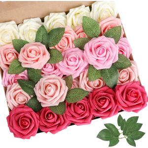AmyHomie Artificial Flower Seriesa Red Rose 25pcs Real Looking Fake Roses w/Stem for DIY Wedding Bouquets Centerpieces Arrangements Party Baby Shower Valentines Day Christmas Tree Decorations