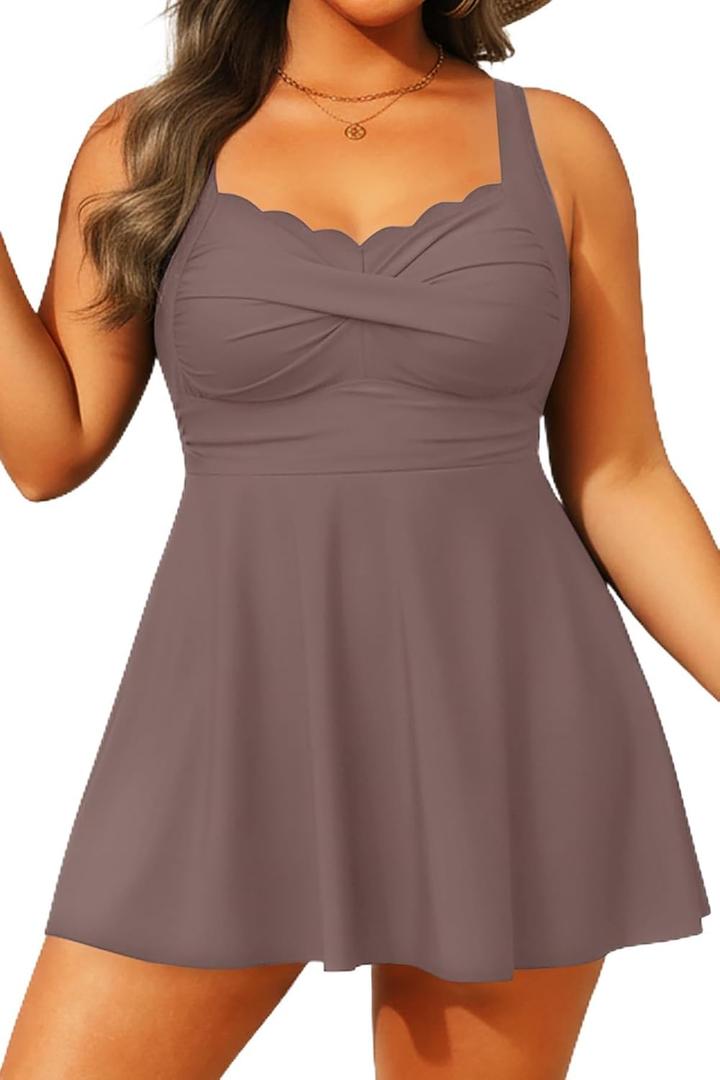 Aqua Eve Plus Size Swimuit with Shorts Two Piece Plus Size Swimdress | Petal-shaped Neckline, Twist Front, ps, Unremovable Cups, High Waist Bottom, Adjustable Straps, Flowy Dress Top 20 Plus, Coffee Brown