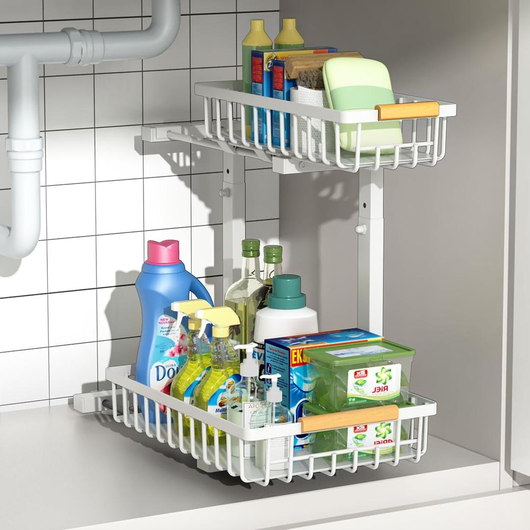 Metal Pull Out Under Sink Organizers and Storage Shelves with Sliding Drawer,5 Adjustable Height Under Sink Storage for Kitchen, Bathroom, white 1packHight 13.6-16.9 (1 pack)