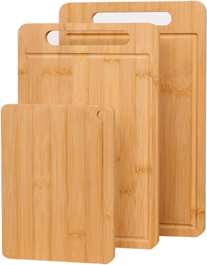 Bamboo Cutting Board Non-Toxic Durable Wooden Cutting Boards for Kitchen with single Sided Deep Juice Grooves Wide Handle Ideal Charcuterie Chopping Board for Meat Vegetables and Fruits(S+M+L)