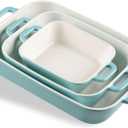 Sweejar Relief Casserole Dishes for Oven, Ceramic 9x13 Baking Pans Set for Cooking, Cake, Banquet and Daily Use, Rectangular Bakeware Set, Porcelain Baking Dish, Lasagna Pan Deep with Handles(Turquoise)