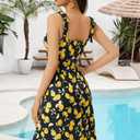 GUBERRY Women's Summer Dress with Pocket Elastic Shoulder V-Waistline Square Neck Mini Cute Floral Sundresses (Black, XL)