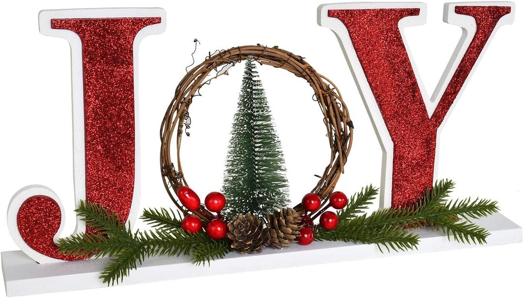 Wooden Joy Sign for Home Decor, Rustic Freestanding, 15.75" X 7.5" Block Letter Sign for Family Mantel, Fireplace, Xmas Decor