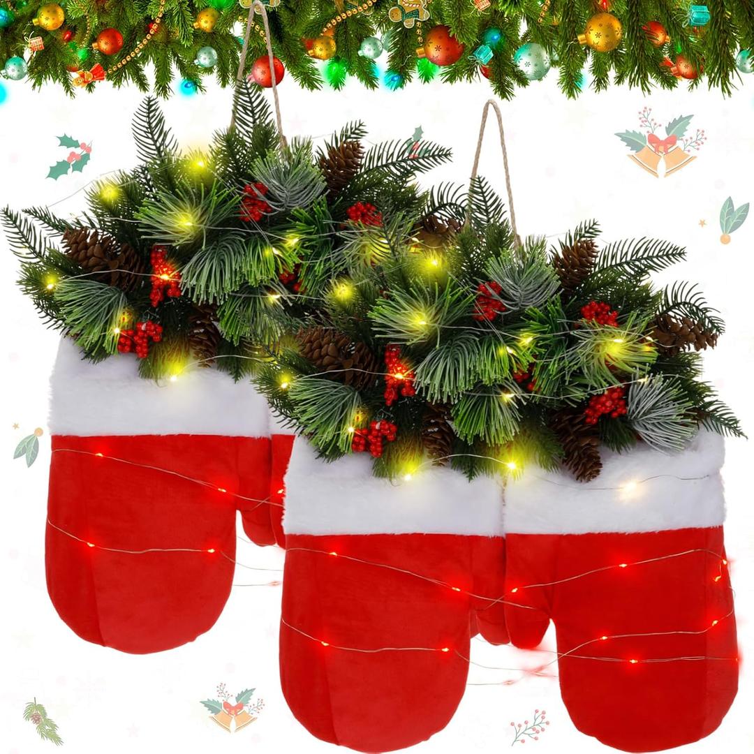 Dingion Twinkling Christmas Mitten Wreath Xmas Lighted Wreath with 50 LED Lights Battery Operated Front Door Artificial Garland Hanging Xmas Balls for Wall Christmas Party Decor