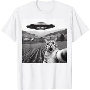 Cat Selfie With Alien UFO Funny Cat Gifts For Men Women Kid T-Shirt (Size Medium, White)