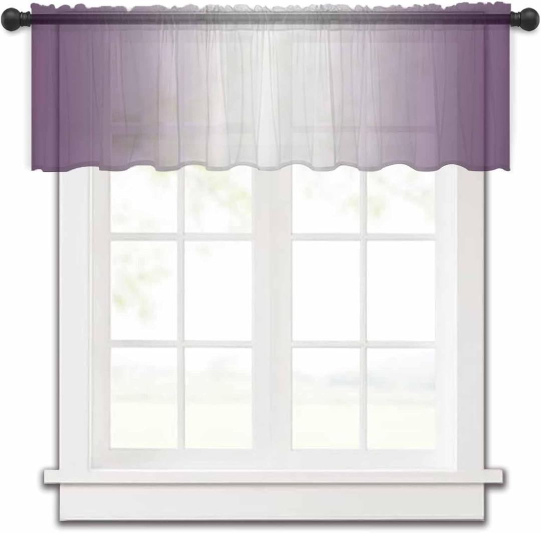 Purple Ombre Sheer Valances for Windows, Modern Abstract Art Light Filtering Kitchen Curtains Valance, Purple White Gradient Chiffon Rod Pocket Curtains for Living Room/Bedroom/Cafe 54"x18"