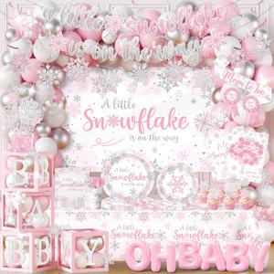 Little Snowflake Baby Shower Decorations - 283Pcs Pink A Little Snowflake is on the Way Tableware & Balloons Set,Christmas Winter Wonderland Baby Shower Party Supplies for Girl