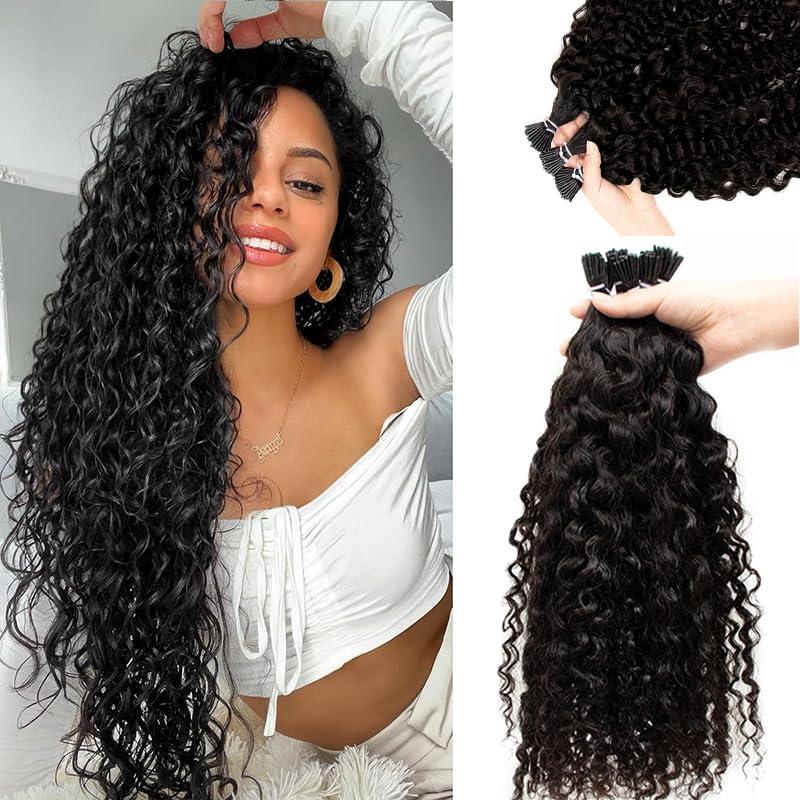 Water Wave I Tip Hair Extensions Human Hair 100 Strands 0.5g/Strands Curly Real Remy Hair Pre Bonded Keratin Stick In Hair Extensions for Women 18 Inch #1B Black Bundles 2-3 Packs for Full Head