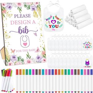 50 Pcs Baby Shower Game White Bib Supply Include 1 Wood Baby Shower Game Sign 25 DIY Blank White Bib Feeder 24 Fabric Marker(Butterfly)