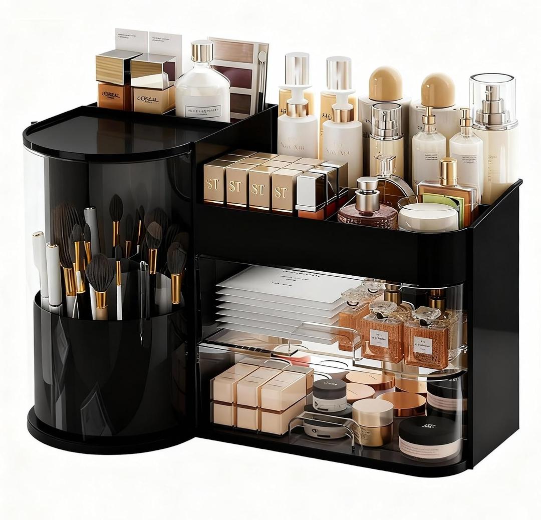 Makeup Organizer with Rotating,Large Bathroom Countertop Cosmetic Organizer with Brushes Holder,Skincare Storage Organizer,Ideal makeup holder for Skincare,Lipstick,etc (Light Luxury Black)
