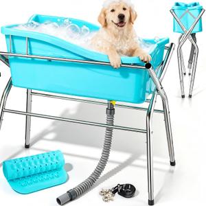 Foldable Dog Bath Tub, Portable Dog Washing Bathing Station with Adjustable Height, Stainless Frame