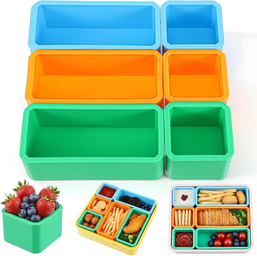 6 Pack Silicone Bento Box Dividers, Reusable Leakproof Dips Containers for Lunch Box, Dishwasher Microwave Freezer Safe, Meal Prep Food Storage, 3 Colors