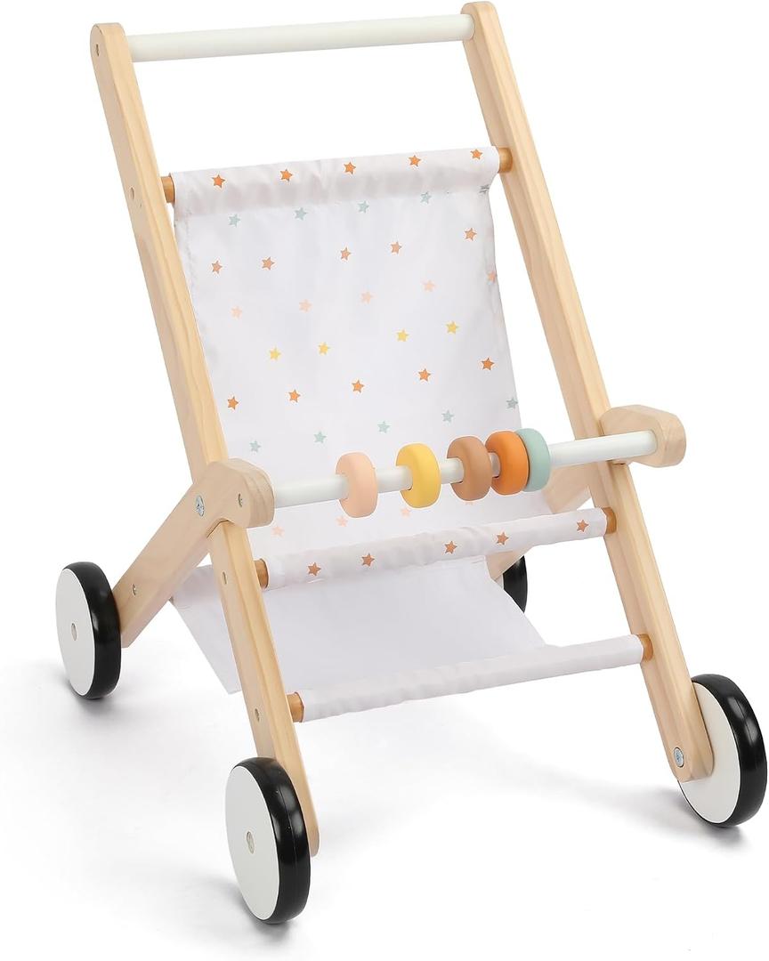 Freniland Wooden Baby Doll Stroller, Toddler Push Walker Toy, Doll Push Cart for Boys & Girls, Learning to Walk & Pretend Play Toy 18M+