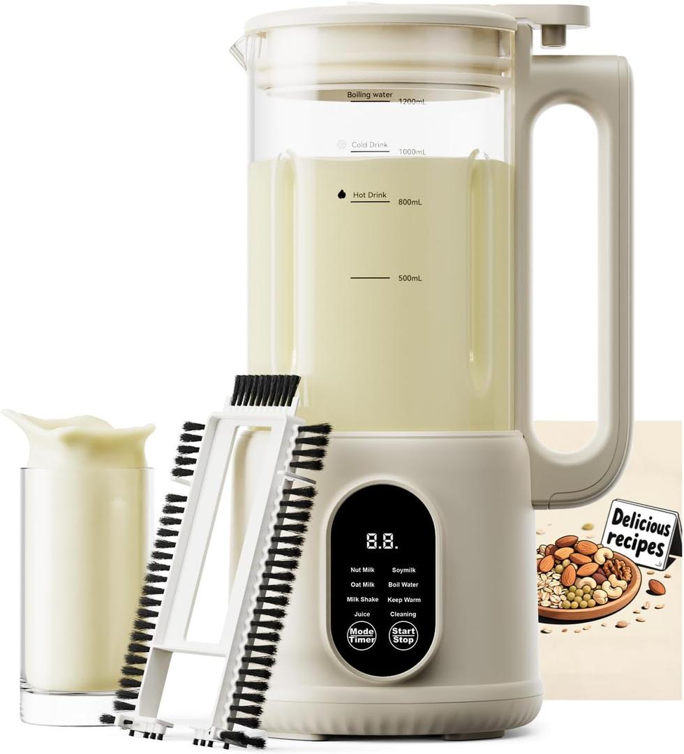 8-in-1 Automatic Nut Milk Maker Machine, 34oz Heated Plant-Based Milk Machine with Auto-Clean, 10-Blade System for Creamy Almond, Oat, Soy & Dairy-Free Milk, 12H Timer