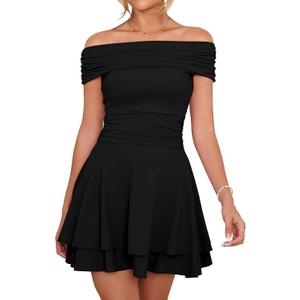 Kaximil Women's Off The Shoulder Mini Dress Ruffle Hem Ruched Corset Short Cocktail Party Dresses (Black, XS)