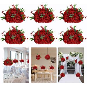 6pcs Wedding centerpieces for Tables 15.8" Red Artificial Flowers Rose Ball Arrangements Silk Flower Balls Floral for Wedding Christmas Party Table Home Decor (6, Red, 15.8'' Diam)